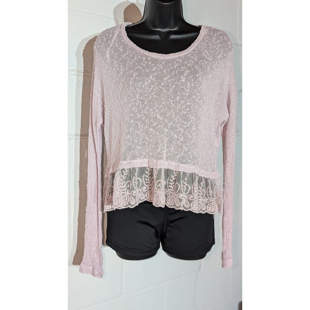 American Eagle Lace Trim Long Sleeve Top Sheer Knit Purple Texture Sweater Small